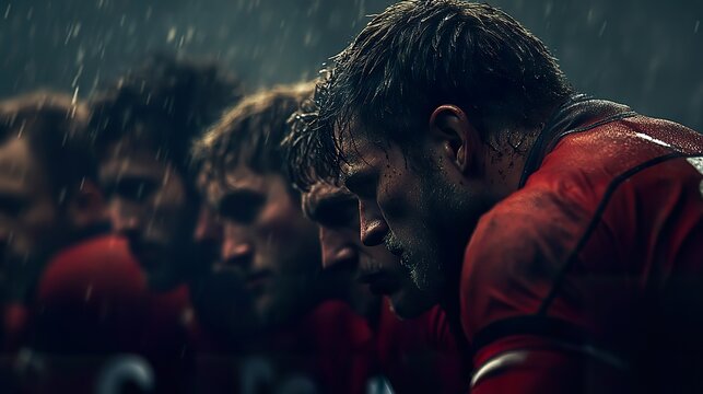 A rugby team huddled together, strategizing before the next play, with expressions of determination.