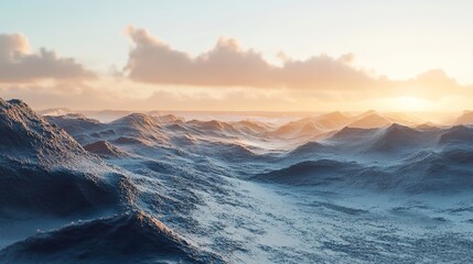 A serene landscape of wind-sculpted sand in the early morning light.