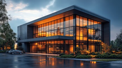 Fototapeta premium A modern and minimalist warehouse with a glass facade, an industrial building, a parking lot in front