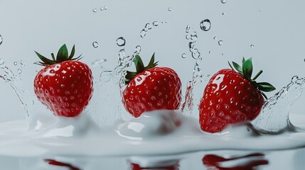 Three Strawberries Splashing in Milk