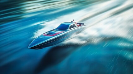 A sleek racing boat speeding across a bright blue lake, creating a splash of water behind it.