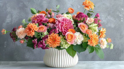 Beautiful bouquet of various colorful flowers in a ceramic vase