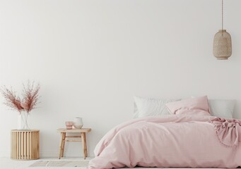 Minimalist bedroom pink and white themed with plain white wall