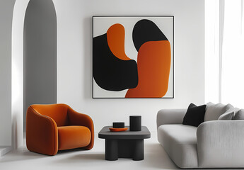 Modern Living Room with Abstract Art: A stylish contemporary living room features a burnt orange armchair, a light grey sofa, and a striking black and orange abstract artwork as a focal point.