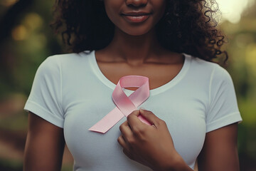 Close up of African American woman holding pink breast cancer ribbon against chest, Cancer awareness, copy space