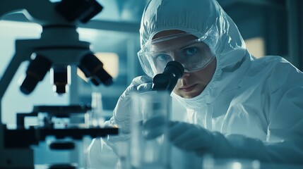 A research scientist in a cleanroom suit, analyzing samples with a microscope and laboratory equipment, looking directly into the lens