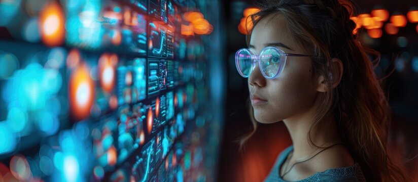 A woman in glasses looks intently at a wall of glowing digital screens.