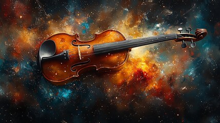 Fototapeta premium A violin lays on a swirling galaxy background with space dust, stars, and nebulas.