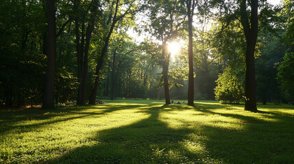 Obraz premium A forest clearing bathed in sunlight, perfect for a peaceful picnic with friends.