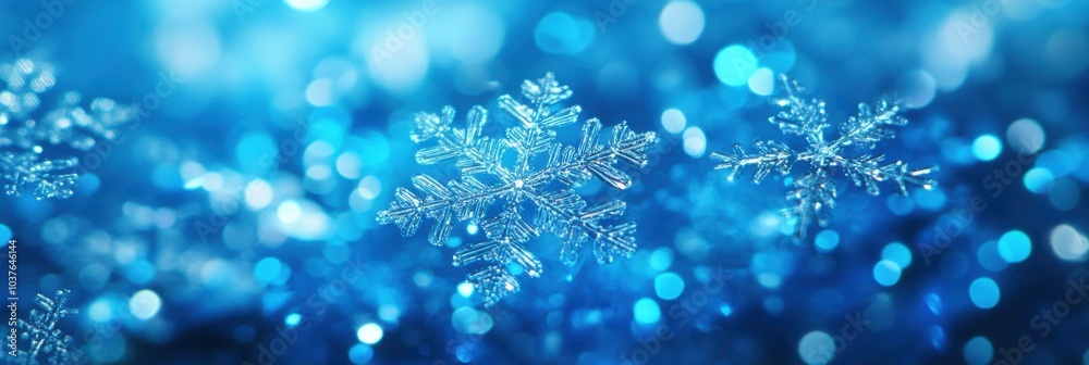 Poster intricate snowflakes glisten in a rich blue ambiance, showcasing their unique patterns and enhancing