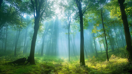 Obraz premium A forest bathed in morning fog, creating a mysterious and enchanting atmosphere.
