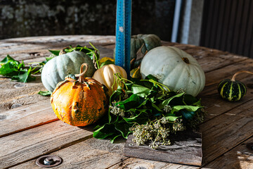 Autumn pumpkins still life on wooden table. Pumpkin on empty wooden table. Thanksgiving Still Life. Halloween pumpkin decoration border. Holiday festival concept