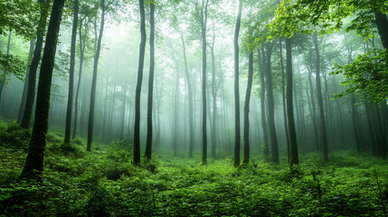 Obraz premium A forest bathed in morning fog, creating a mysterious and enchanting atmosphere.