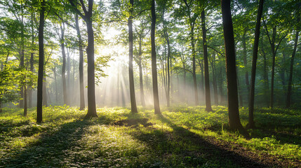 Obraz premium A foggy morning in the woods, with mist rising from the ground and the sun beginning to shine.