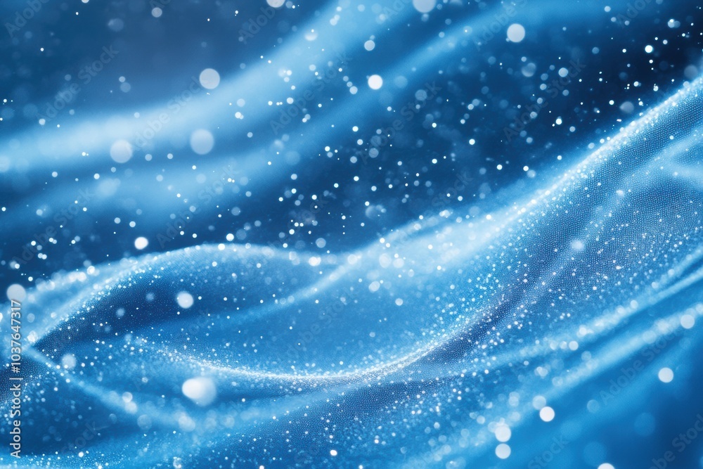 Poster Fluctuating patterns of abstract snowflakes float gracefully through a dreamy blue canvas, evoking a serene winter ambiance. Generative AI