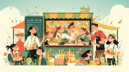 Obraz premium Colorful Outdoor Food Vendor Stalls with Cheerful Patrons