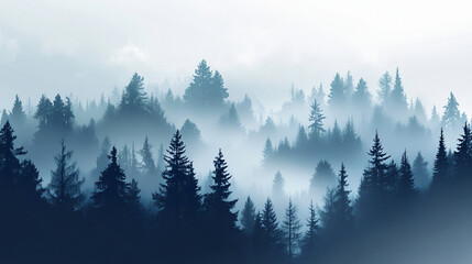 A foggy hill landscape with silhouettes of trees and a mystical atmosphere.