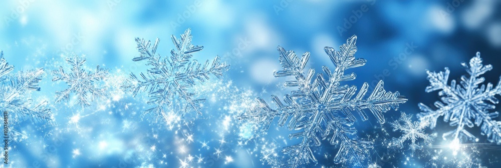 Poster Beautiful abstract snowflakes glisten and shimmer, creating a breathtaking display of winter charm in a calm blue atmosphere. Generative AI
