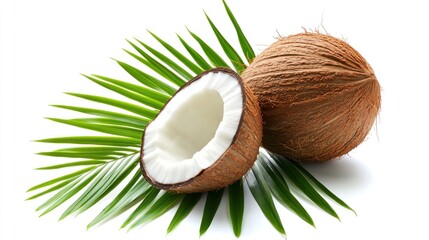 Coconut and Palm Leaf on a White Background