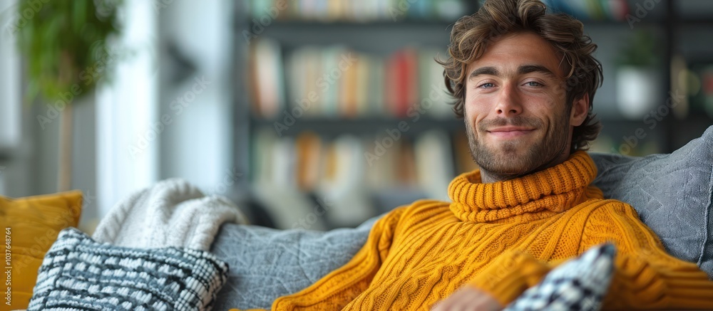 Wall mural young man in yellow sweater sitting on a couch in a living room and smiling at the camera.