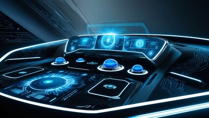   Closeup of a futuristic dashboard with blue glowing interfaces, representing cuttingedge technology, digital networks, and advanced computer systems