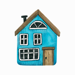 Small cute cartoon blue house isolated on white background. Watercolor stylized children's illustration drawn by hand. Cozy small wooden cottage in Scandinavian style. Fishing village. Vector