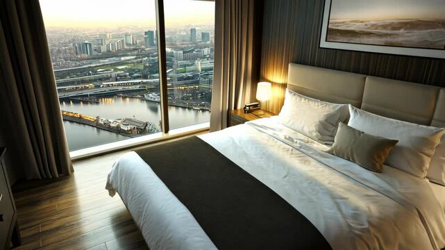 A hotel room with a stunning view of the city skyline and harbor