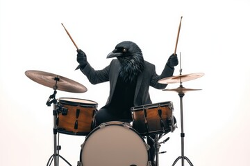 Energetic crow in classic suit drumming passionately against a minimalist white background isolated