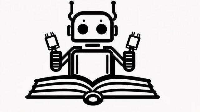 A simple robot sits on an open book, holding two plugs