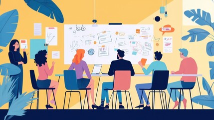 A brainstorming session in a modern office, with diverse professionals gathered around a whiteboard.