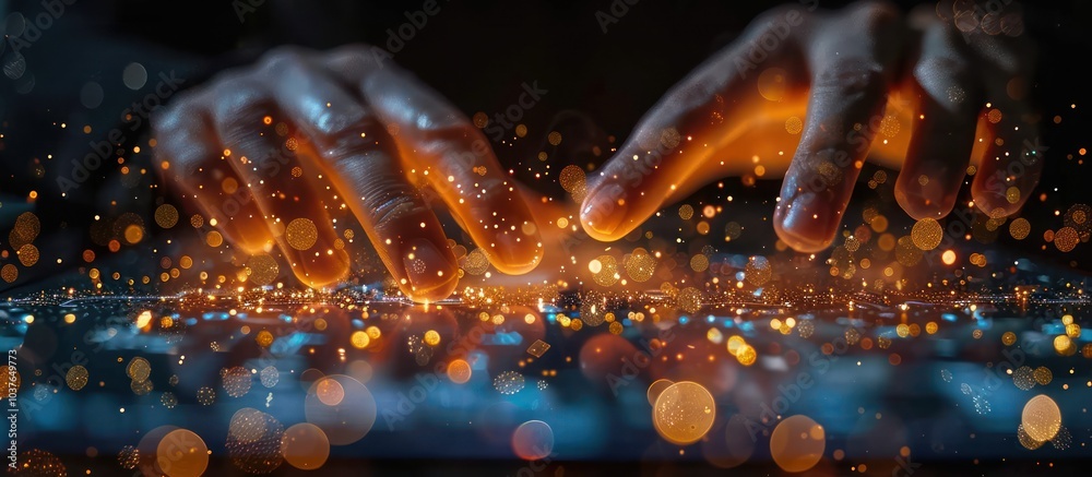 Wall mural close-up of two hands hovering above a glowing surface, creating sparks and light.