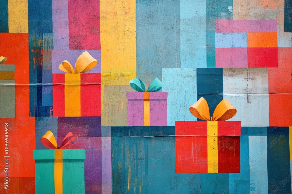 Poster vibrant shapes that mirror gift boxes, ribbons, and bows are creatively arranged on a textured backd