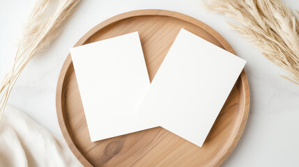 Inviting Flat Lay Postcards on Wooden Tray with Bohemian Accents