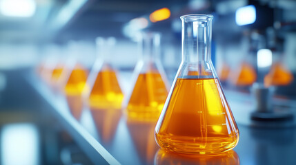 Laboratory Flasks with Golden Liquid against Dark Background