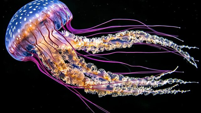 A spotted jellyfish with long, thin tentacles drifts through the water