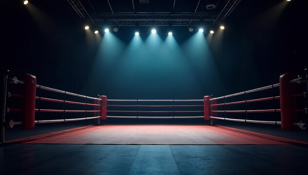 Boxing Ring In Arena, Empty professional boxing ring, stage with carpet and spotlight