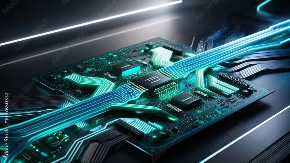 Poster advanced circuit board with fast data flow and light streaks in a technological environment