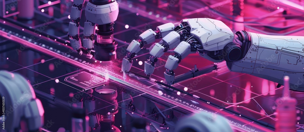 Poster a robotic hand interacts with a digital interface in a futuristic factory setting.