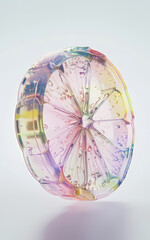 Colorful translucent resin artwork shaped like a citrus slice, featuring bubbles and a blend of pastel hues. Perfect for decor.