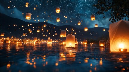 A Creative Festival Under a Starry Night Sky, Illuminated by Vibrant Lights and Artistic Installations