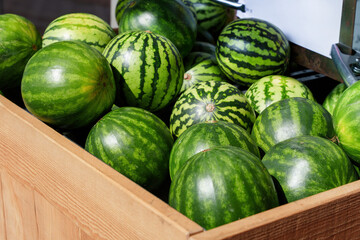 Watermelons Stacked In A Wooden Crate At Market
