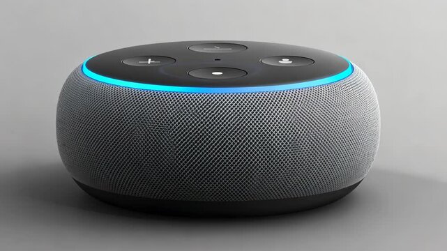 A grey and black smart speaker with a blue light ring is resting on a grey surface
