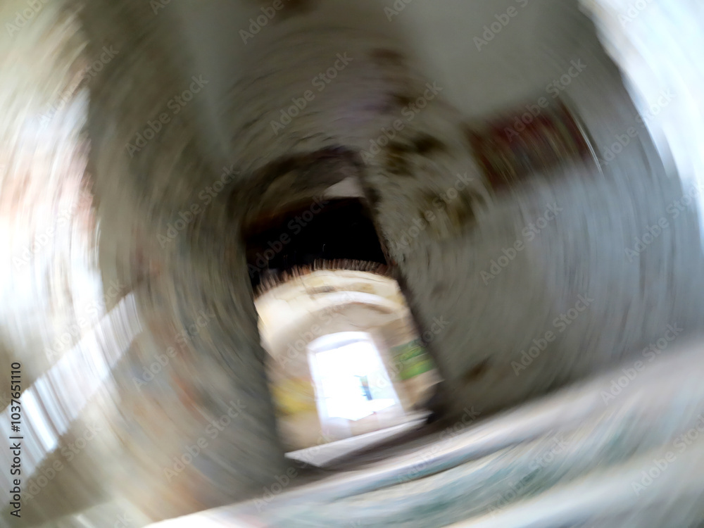 Poster Swirling Abstract Portal Leading to a Luminous Space Within a Mysterious Aged Structure
