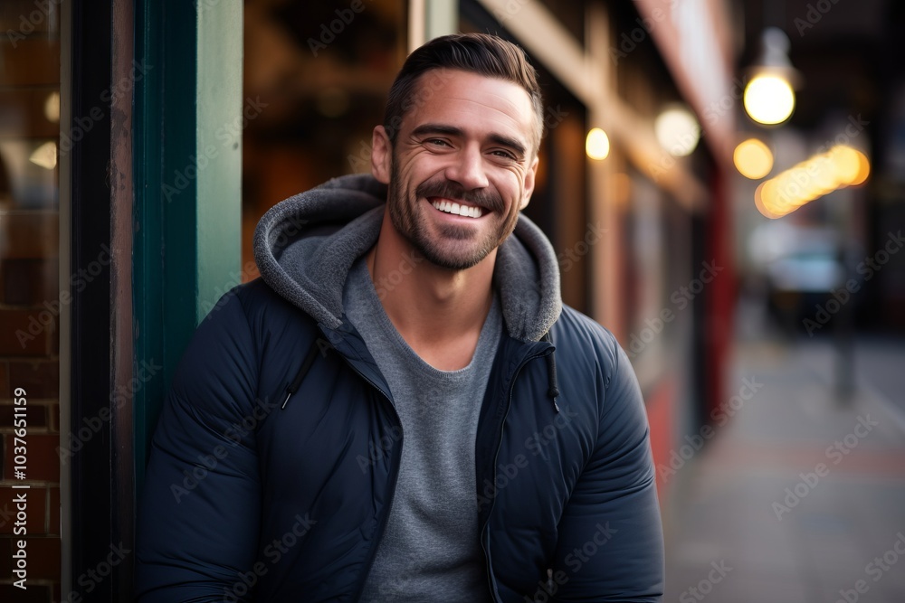 Sticker Portrait of a handsome young man smiling and looking at the camera while standing outdoors.