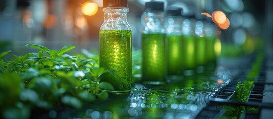 A row of glass bottles filled with green liquid, with green plants in the foreground.