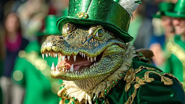 A green alligator wearing a top hat participates in a St. Patrick's Day parade