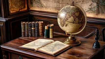 An antique map, globe, and book stored in a cupboard. Science, learning, and past travel experiences. geography and history team. Antiquated globe with historical map background.
