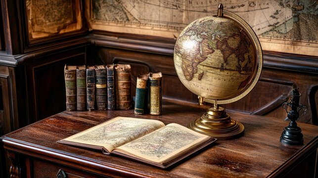 An antique map, globe, and book stored in a cupboard. Science, learning, and past travel experiences. geography and history team. Antiquated globe with historical map background.