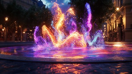 A Creative Fountain in the Middle of a City Square, Cascading Water Amid Vibrant Art and Sculptures