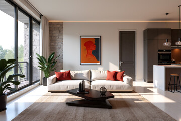 Fototapeta premium A spacious living room features a light sofa with red cushions, large windows allowing natural light, and tasteful art on the wall, creating a warm and inviting atmosphere - Generative AI